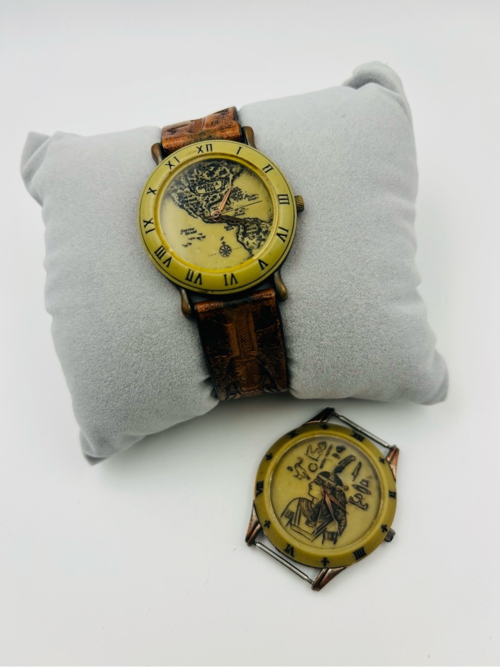 Vintage La Bréa Map Dial Novelty Watch w/ Tooled Leather Band & Extra Native Dia